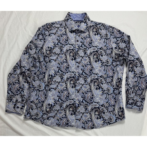 Tasso Elba Shirt Mens XL Blue Paisley Long Sleeve Button Up 100% Cotton Dressy - Picture 1 of 14